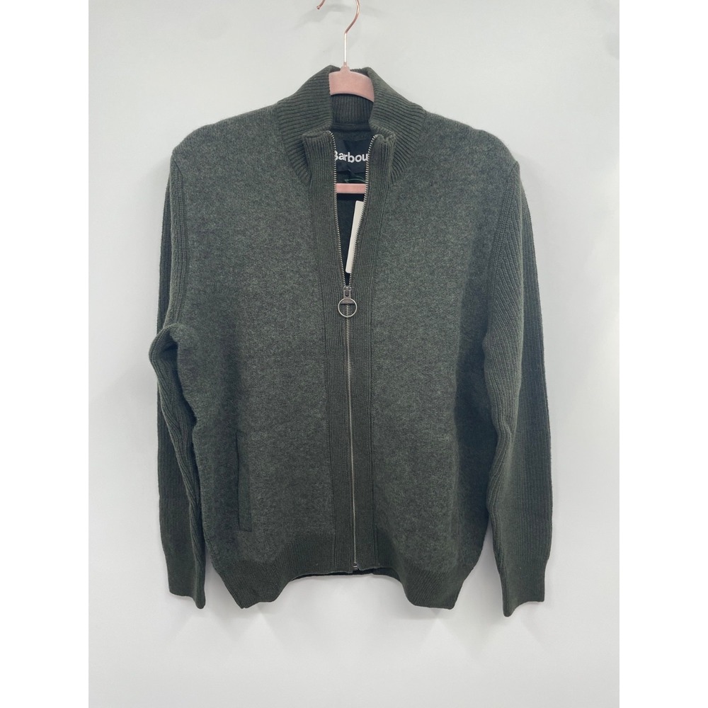 Barbour Milburn Sweater Mens Small‎ Dark Olive Wool Through Knitted Full Zip NWT